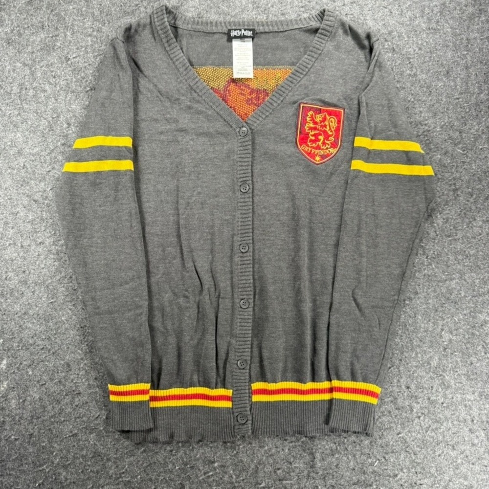 Harry Potter‎ Gryffindor Cardigan Sweater Adult Large Gray Yellow Knit V Neck
